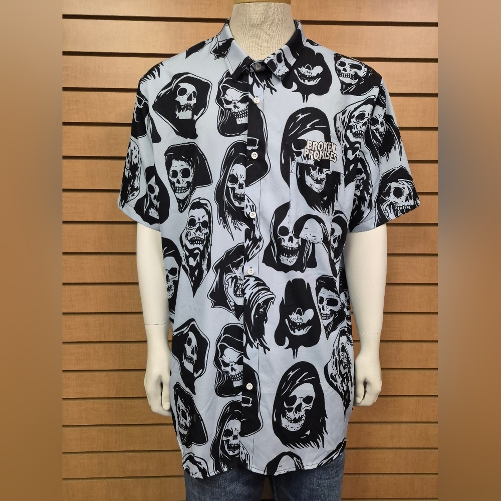 Broken Promises Skull Print Button Down Shirt Size XX Large Short Sleeve Pocket